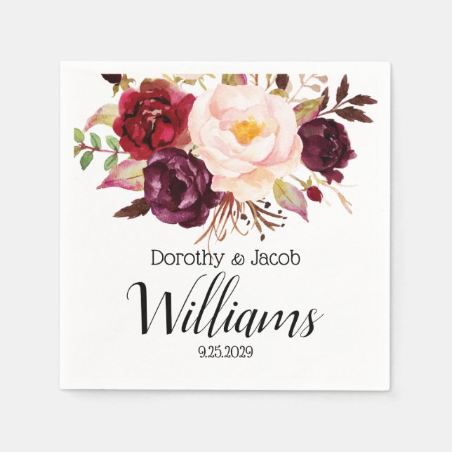 Personalized Marsala Peony Bouquet Boho Wedding  Napkin (Front)