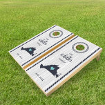 Personalized Martha's Vineyard Family Name Cornhole Set<br><div class="desc">Cool nautical cornhole set in navy blue and white features your family name in calligraphy script lettering, and your year established along the bottom, on a faux white wood plank background accented with navy blue rope trim. A silhouette of the island of Martha's Vineyard appears in the centre; use the...</div>