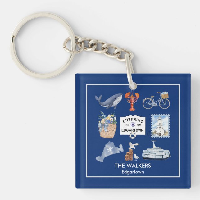 Personalized Martha's Vineyard Watercolor Icons Keychain (Front)