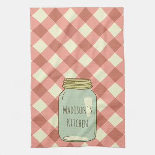 Personalized Mason Jar Kitchen Towel Red Gingham