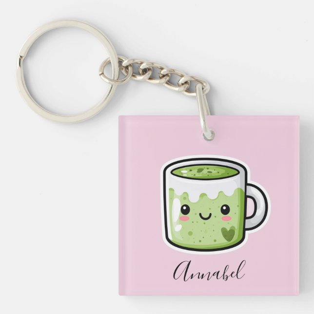 Personalized Matcha Drink and Cake Keychain (Front)