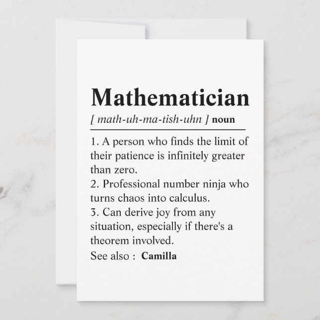 Personalized Mathematician Definition Card, Math  Thank You Card (Front)