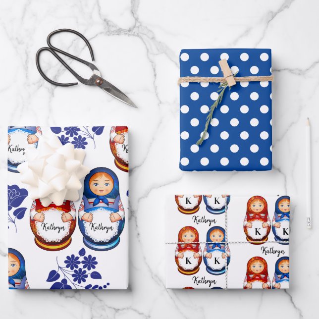 Personalized Matryoshka Dolls Wrapping Paper Sheet (Front)