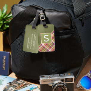 Personalized Mauve Pink Green Classy Plaid Pattern Luggage Tag