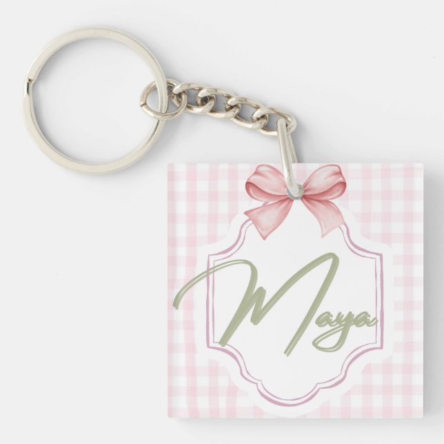 Personalized Maya Baby Girl Nursery Bow&Gingham  Keychain (Front)