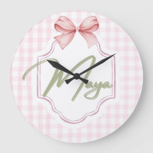 Personalized Maya Baby Girl Nursery Bow&Gingham  Large Clock