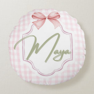 Personalized Maya Baby Girl Nursery Bow&Gingham  Round Pillow