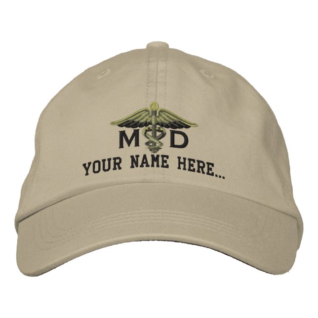 Personalized MD Your Text Medical Caduceus Embroidered Hat (Front)