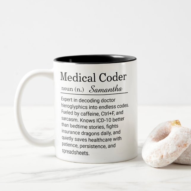 Personalized Medical Coder Funny Definition  Two-Tone Coffee Mug (With Donut)
