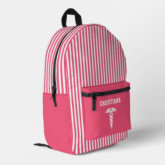 Personalized Medical Symbol Pink Stripes Printed Backpack (Back Corner Left)