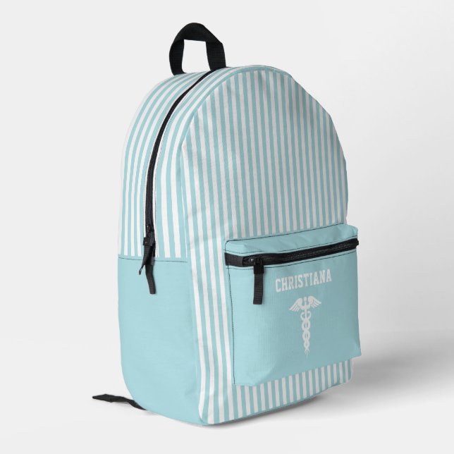Personalized Medical Symbol Sky Blue Stripes Printed Backpack (Back Corner Left)