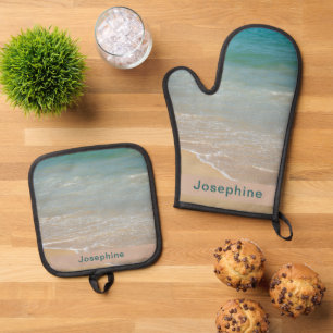 Personalized Mediterranean Beach Ocean Scene Oven Mitt & Pot Holder Set