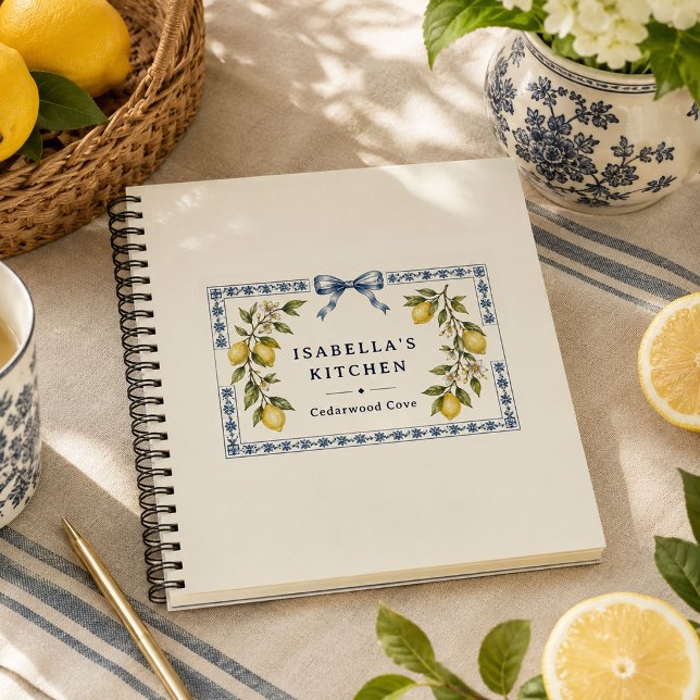 Personalized Mediterranean Lemon Kitchen Recipe Notebook (Personalized lemon recipe notebook with blue floral border, ribbon bow and custom kitchen name.
)