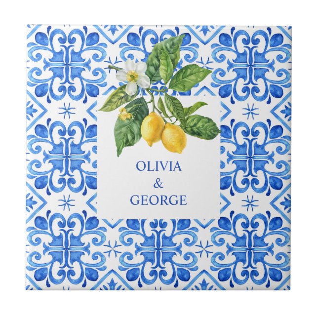 Personalized Mediterranean lemons wedding blue  Tile (Front)
