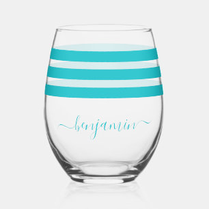 Personalized Medium Turquoise Lines Stemless Wine Glass