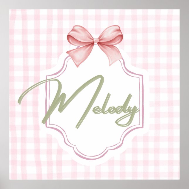 Personalized Melody Baby Girl Nursery Bow&Gingham Poster (Front)