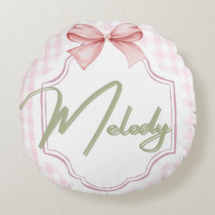 Personalized Melody Baby Girl Nursery Bow&Gingham Round Pillow