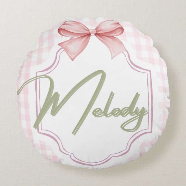 Personalized Melody Baby Girl Nursery Bow&Gingham Round Pillow (Front)