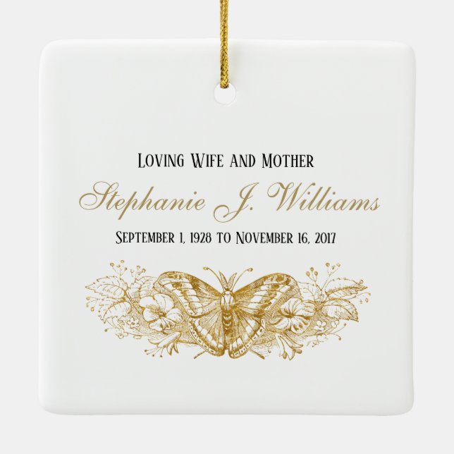 Personalized Memorial Feminine Keepsake Ceramic Ornament (Back)