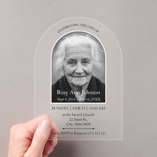Personalized Memorial Funeral Photo  Acrylic Invitations (Insitu (Handheld))