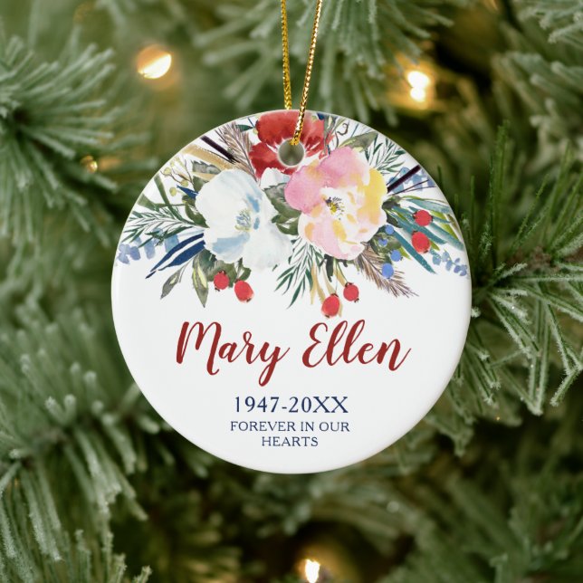 Personalized Memorial Watercolor Boho Flowers Ceramic Ornament (Tree)