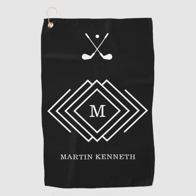Personalized Men's Black And White Monogram Golf Towel (Front)