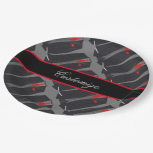 Personalized Men's Black Suit & Red Tie Paper Plate