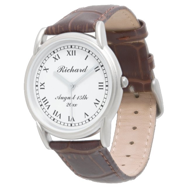 Personalized men's watch with classy leather band (Angled)