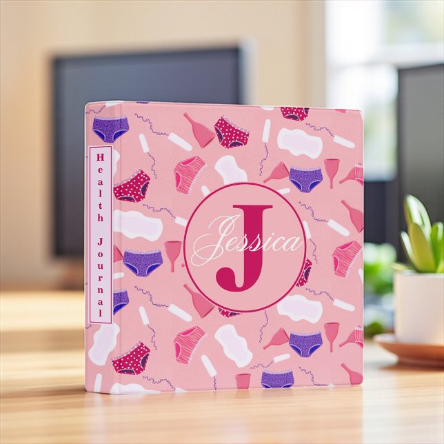 Personalized Menstrual Health Tracker Binder (Bold pink period care binder with undies, tampons, and pads for cycle tracking or self-care.)