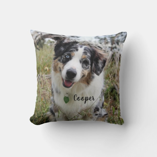 Personalized Merle Australian Shepherd Puppy Throw Pillow (Front)