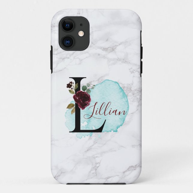 Personalized Merlot Navy Floral Letter L with Name Case-Mate iPhone Case (Back)