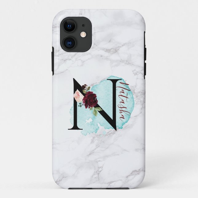 Personalized Merlot Navy Floral Letter N with Name Case-Mate iPhone Case (Back)