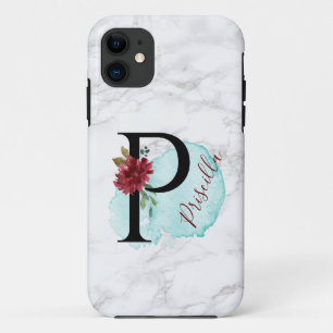 Personalized Merlot Navy Floral Letter P with Name iPhone 11 Case