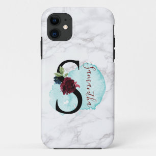 Personalized Merlot Navy Floral Letter S with Name iPhone 11 Case