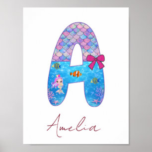 Personalized Mermaid Alphabet Letter A Poster