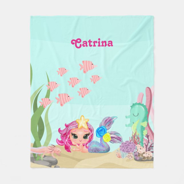 Personalized Mermaid and  Axolotl Fleece Blanket (Front)