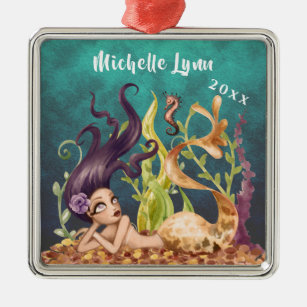 Personalized Mermaid and Seahorse Under the Sea Metal Ornament