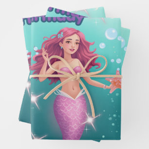 Personalized Mermaid Birthday Party Invitation Wrapping Paper Sheet