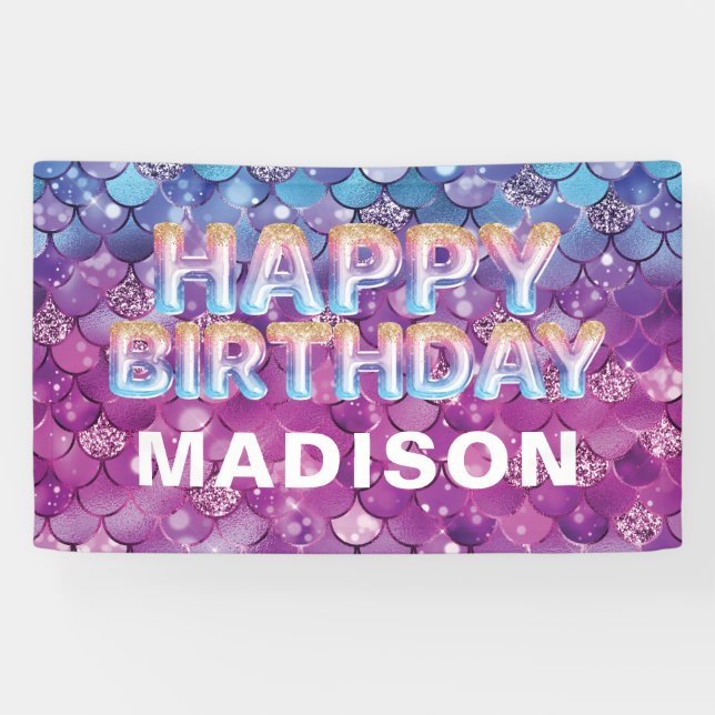 Personalized Mermaid Birthday Pink Blue Glitter Banner (Horizontal)
