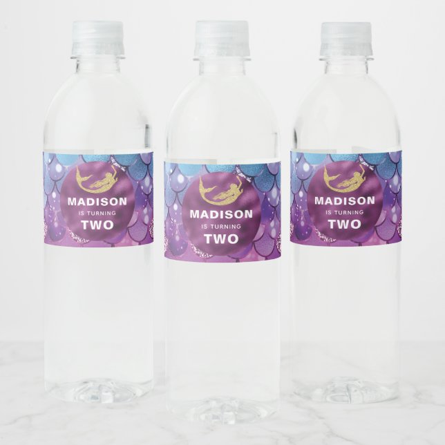 Personalized Mermaid Birthday Pink Purple Glitter Water Bottle Label (Bottles)