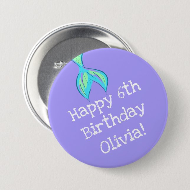 Personalized Mermaid Birthday Purple 3 Inch Round Button (Front & Back)