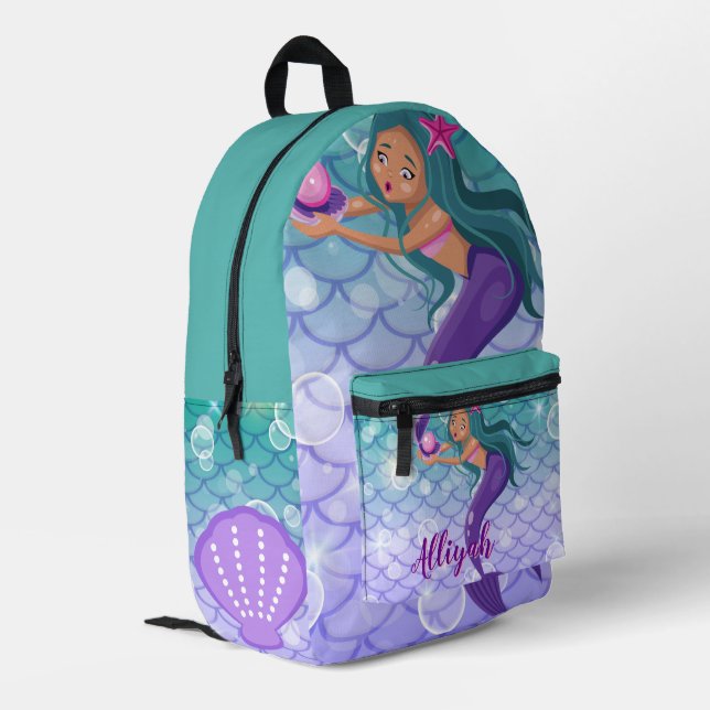 Personalized Mermaid Cyan Printed Backpack (Back Corner Left)