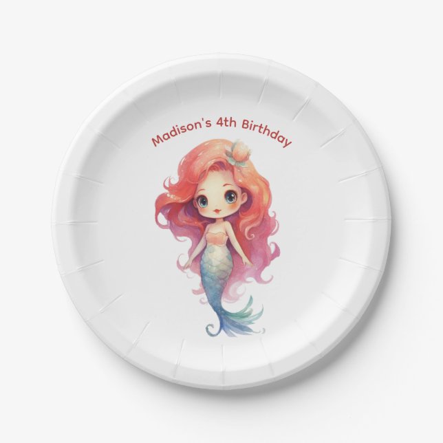 Personalized Mermaid Girls Birthday Paper Plate (Front)