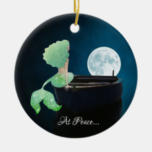Personalized Mermaid on Boat, At Peace, Full Moon Ceramic Ornament