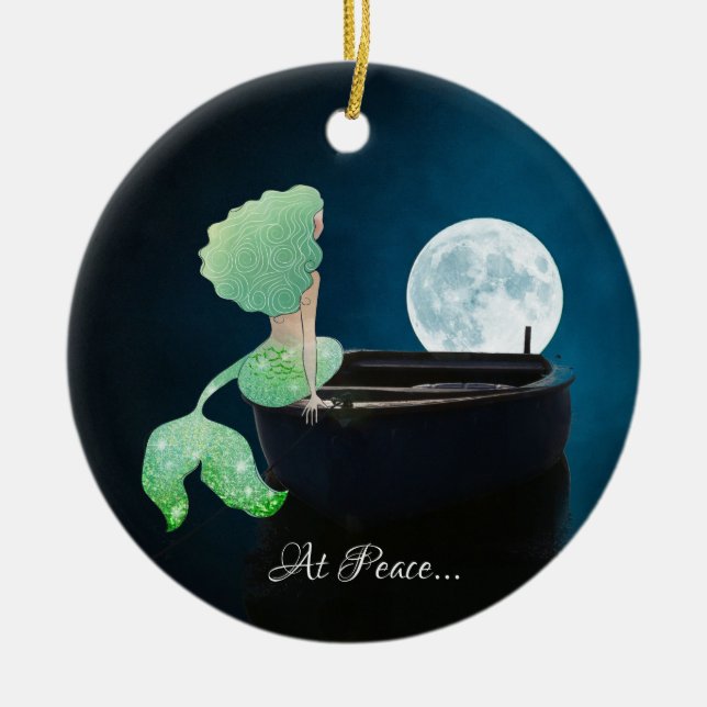 Personalized Mermaid on Boat, At Peace, Full Moon Ceramic Ornament (Front)