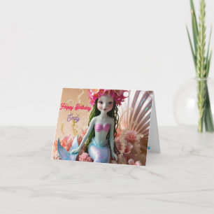 Personalized Mermaid pink floral birthday Card