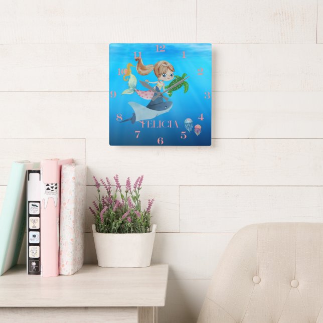 Personalized Mermaid  Square Wall Clock (Reading Room)