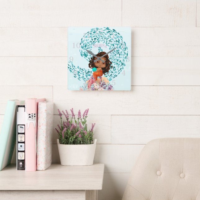 Personalized Mermaid  Square Wall Clock (Reading Room)