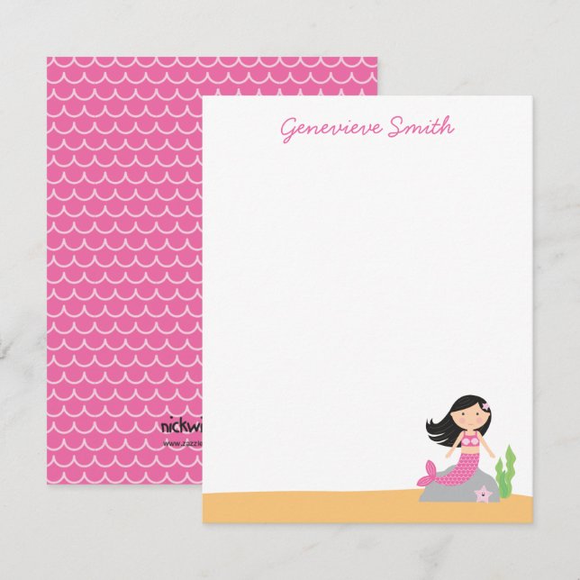 Personalized Mermaid Stationery | Black Hair-Pink Invitation (Front/Back)