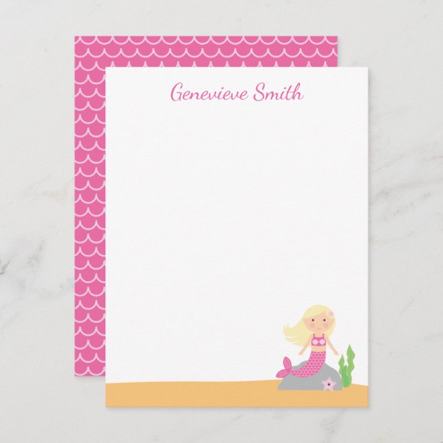 Personalized Mermaid Stationery | Blonde Pink Invitation (Front/Back)